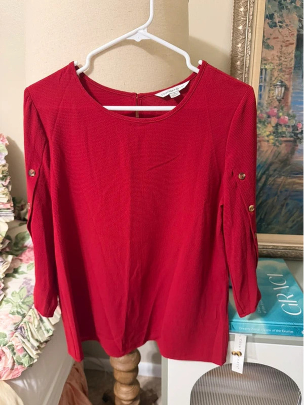 NWT Counterparts Berry Red Button Sleeve Top Classic Fall Blouse